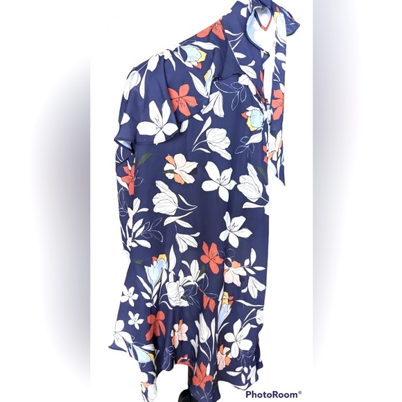 Parker One Shoulder Navy Floral Shift Dress Size Large - Picture 4 of 5